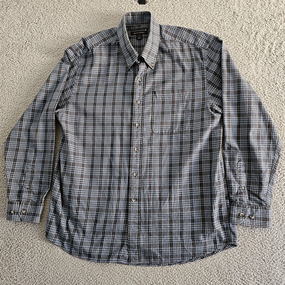 Cutter‎ & Buck Button Down Shirt Mens Large Blue Grey Plaid Signature Collection